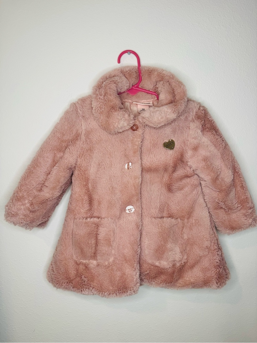 Juicy Couture Girls Plush Faux Fur Pea Coat in Blush Pink